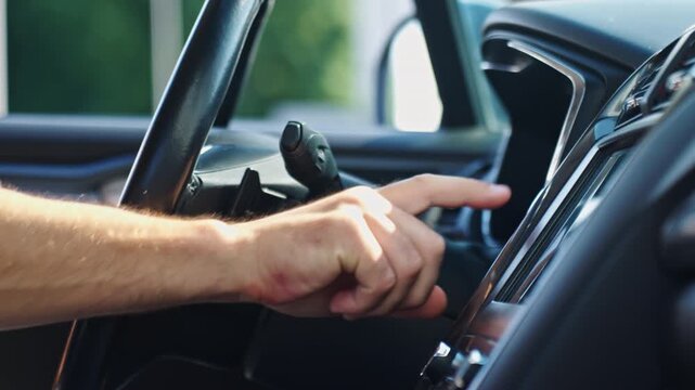 Driver pressing start button inside car