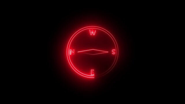 Neon red glowing navigation compass loop animation with rotating needle and cardinal points on black background, professional motion graphics video for travel direction, and business concepts.