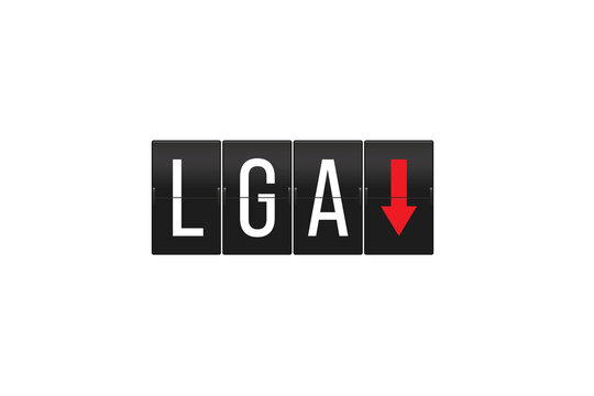 Airport flap board displaying LGA with a downward-pointing red arrow, indicating arrivals or a decreasing trend for the airport, isolated on a transparent background