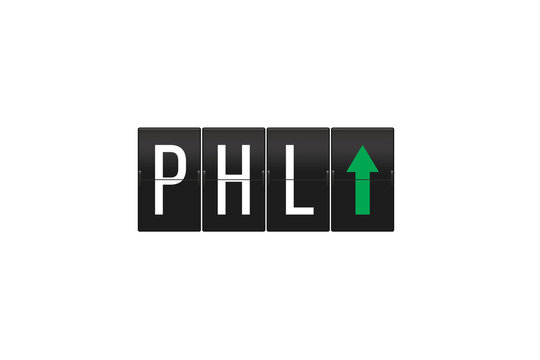 PHL airport code appearing on a classic split-flap display board with a green upward arrow, indicating departure or upward travel, presented on a transparent background