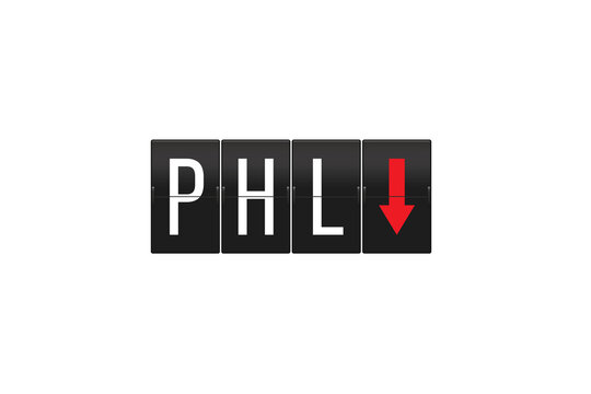 PHL airport code displayed on a flip-clock style departures board, featuring a red arrow pointing downwards, all presented on a transparent background