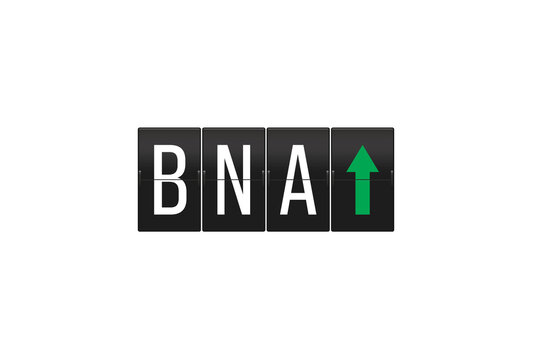 BNA airport code displayed on a black mechanical split-flap board, with a green up arrow indicating growth or increase, presented on a transparent background