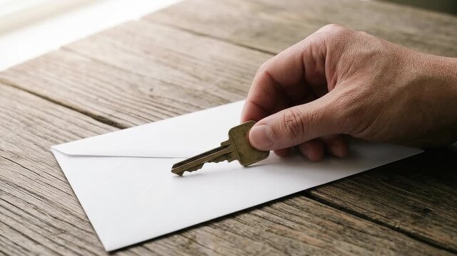 Macro close up of hand surrendering key on empty envelope