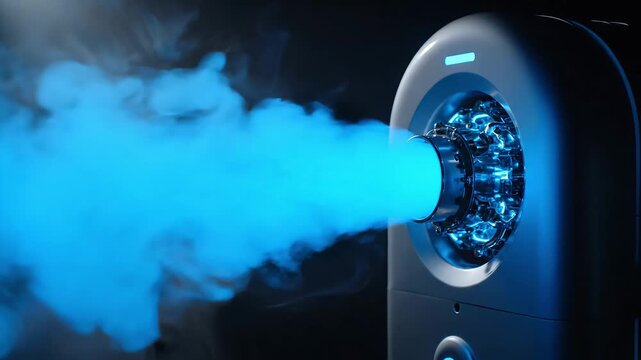 Futuristic air purifier machine cleaning dark smoke and emitting fresh blue vapor. Filtering system representing healthy environment, ecology, and clean atmosphere innovation