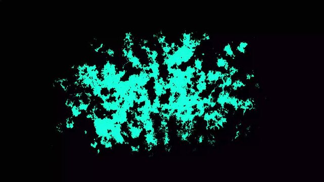 Bold cyan paint exploding across black screen background spreading into brush strokes, sharp dripping edges, intense grunge energetic action transition, 4K.