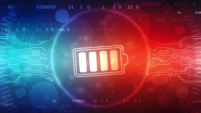 Motion graphic of digital Battery and circle futuristic HUD elements with power reserve concepts on circuit board abstract background. Renewable Energy, Green Energy Concept. 4K video