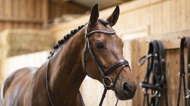 Gentle brown horse wearing leather bridle turns head inside wooden stable interior. Beautiful equestrian animal displays braided mane while standing quietly during indoor grooming session.