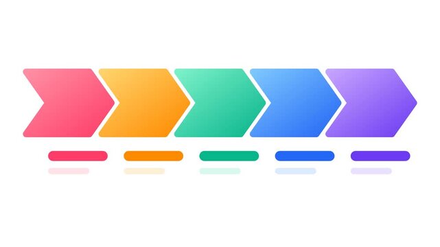 Animated gradient arrow infographic with 5 process steps and label bars for business workflow and timeline concept. 4k video