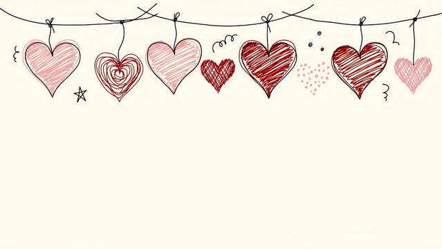 Hand drawn of red heart shapes hanging on a string with small dots and stars on a light cream background