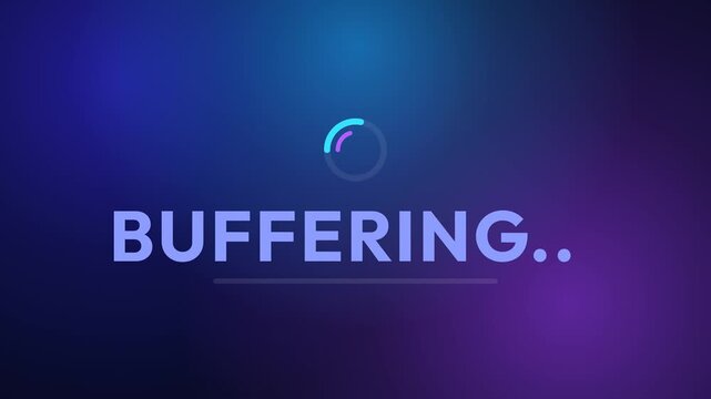 Animated buffering text with spinning circle icon and progress line for video streaming and waiting concept. 4k video