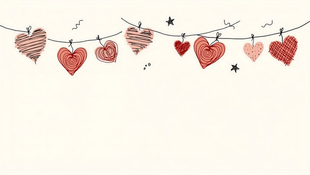 Hand drawn of various red heart shapes hanging on a string against a plain light cream background, with stars