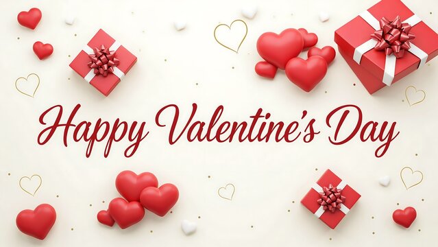 Happy valentine's day text surrounded by red gift boxes and floating hearts on a light beige background, for romantic events