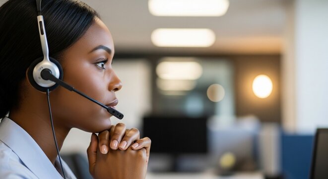 Focused customer service agent wearing headset in profile at call center