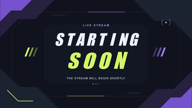 This seamless loop features a modern, futuristic starting soon screen for live streams, perfect for gamers and content creators to use during pre-broadcast preparations.