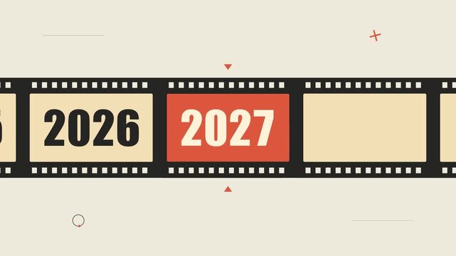 Animated timeline featuring years scrolling on a film strip from 2001 to 2027. This minimalist motion graphic symbolizes historical progress, future planning, and milestones.