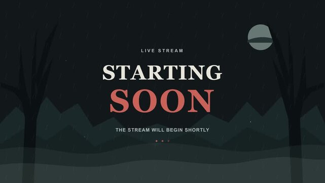 A spooky seamless loop video of a dark forest at night with falling rain. Perfect for a live stream starting soon screen to engage viewers before the broadcast begins.