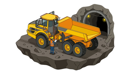 Mining dump truck and worker at mine entrance isometric illustration. © Ruangjati