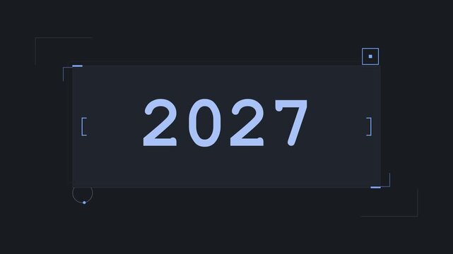 A minimalist motion graphic showing a timeline of years from 2001 to 2027, featuring a futuristic digital interface on a dark background for historical and future context.