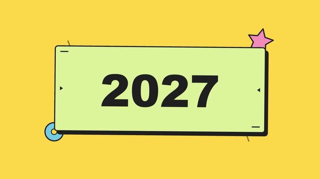 This flat design animation illustrates a chronological timeline from 2001 to the future year 2027, highlighting the passage of time or key milestones against a bright yellow backdrop.