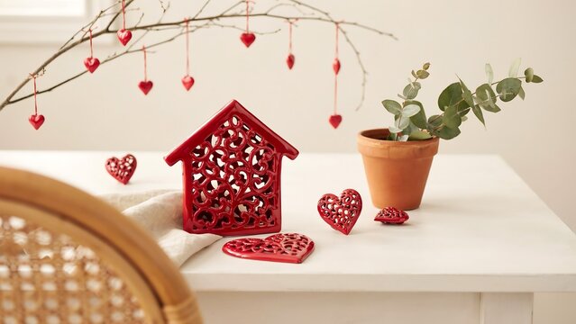 Red ceramic heart house ornament with small hanging hearts and a potted eucalyptus plant on a white table for valentine's day