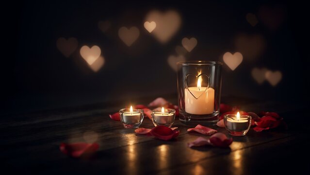 Lit candles in glass holders surrounded by red rose petals on a dark wooden table with glowing heart bokeh in the background