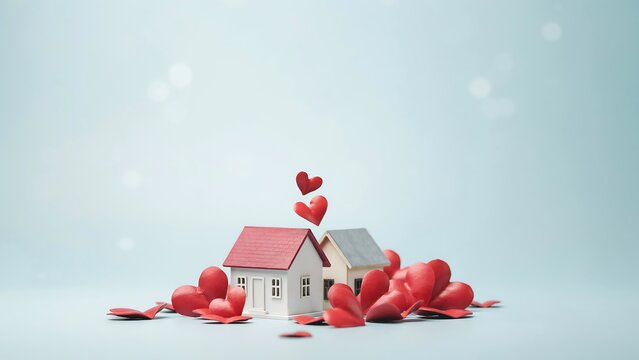 Two miniature house models surrounded by scattered red paper hearts on a soft light blue background, with bokeh light effects