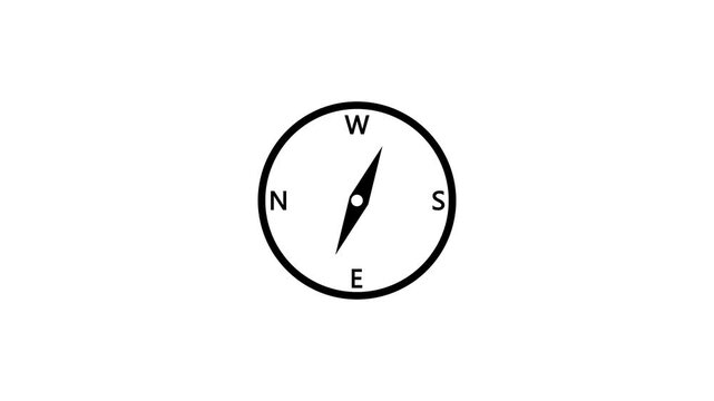 Seamless loop animation of a black navigation compass with rotating needle and cardinal points N, S, E, W on white background, professional motion graphics video for travel, direction, exploration.