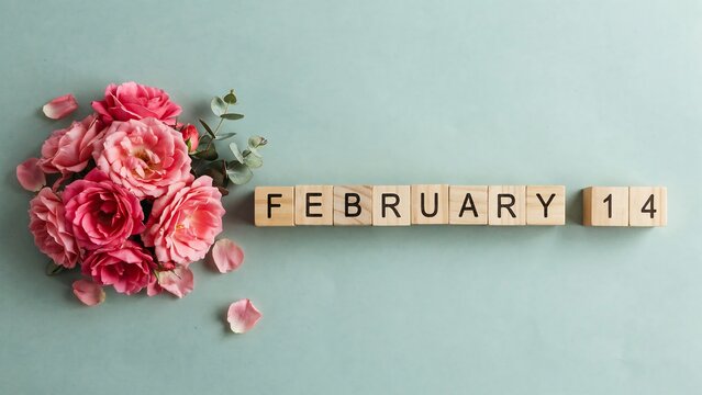 Wooden blocks spelling february 14 next to a bouquet of pink roses and eucalyptus leaves on a light green background, view