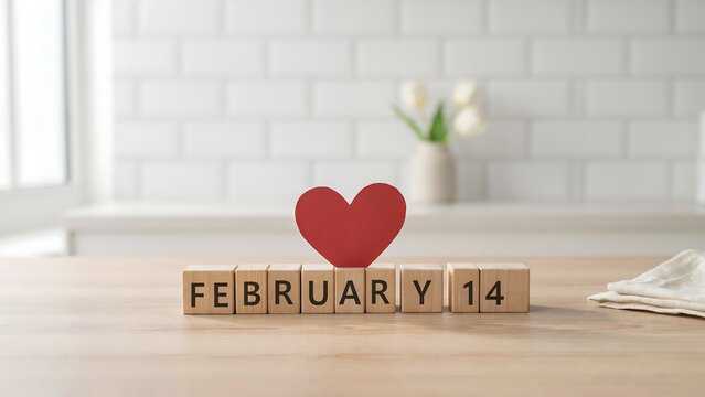 Wooden blocks spelling february 14 with a red heart shape on a light wood table in a bright kitchen with white tiles