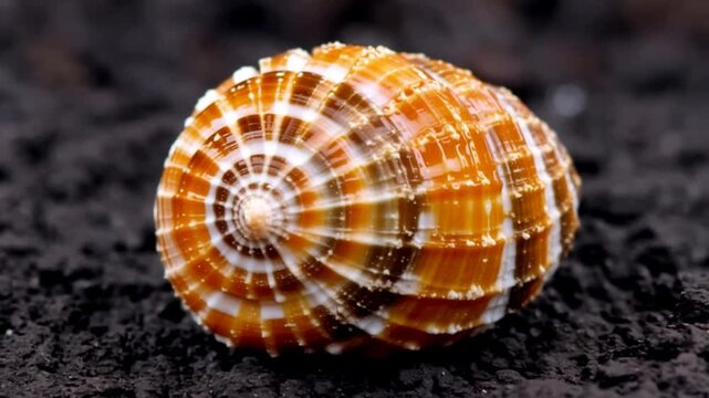 Patterned Seashell Resting on Dark Volcanic Sand Texture Background