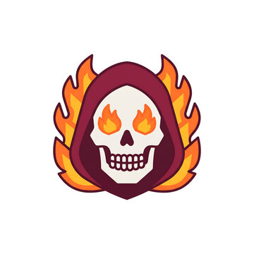 Minimalist flat vector icon of a fiery hooded skull in flat design