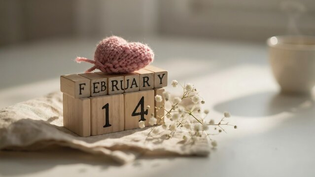 Wooden calendar blocks showing february 14 with a knitted red heart and white baby breath flowers on a rustic white fabric