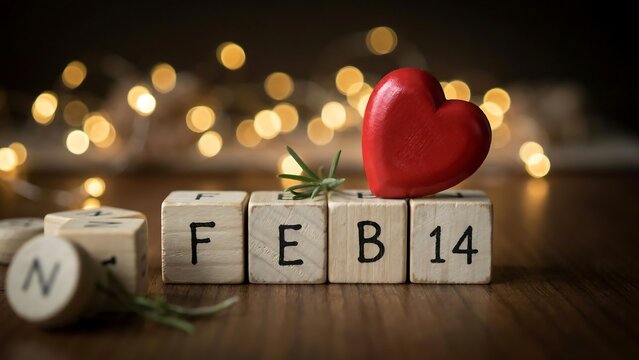 Wooden calendar blocks showing february 14 with a red heart and warm bokeh lights in the background, for valentine day celebration