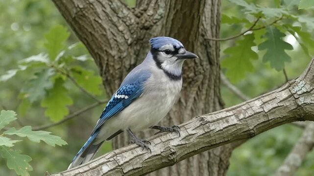 Blue jay perched on tree branch looking around in forest