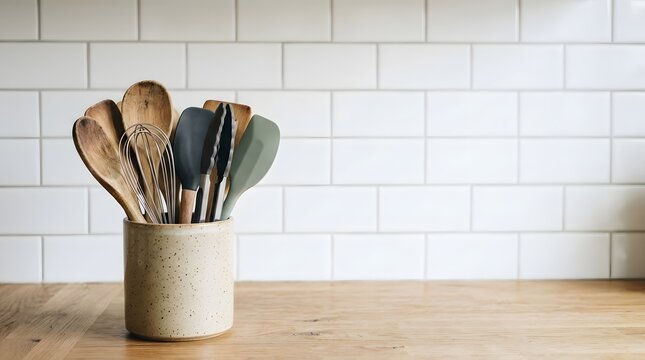 Ceramic Pot with Wooden and Metal Kitchen Utensils on Wooden Counter