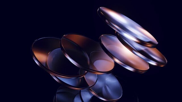 Stacked metallic glass discs with glossy reflection loop background