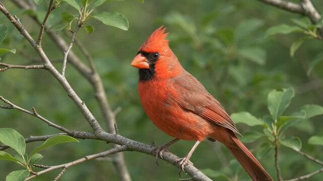 Male northern cardinal perching on tree branch looking around