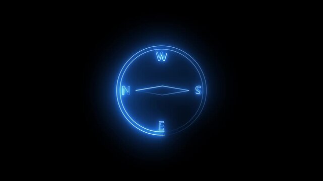 Neon blue glowing navigation compass loop animation with rotating needle and cardinal points on black background, professional motion graphics video for travel direction, and business concepts.