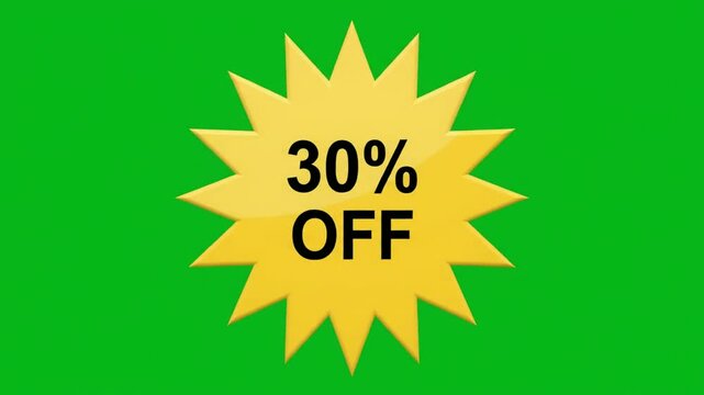 Yellow starburst 30 percent OFF seal rotating on green screen