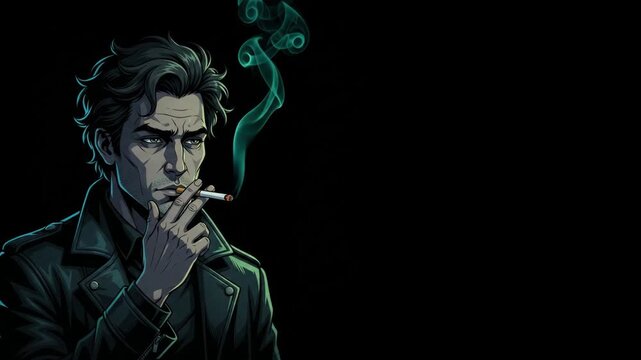 Close up of a man smoking a cigarette with smoke exhaling in slow motion, unhealthy habit and tobacco addiction concept video for health and lifestyle projects.