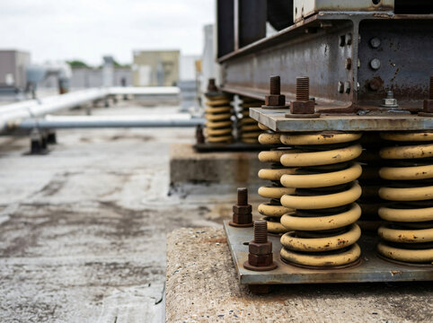Heavy-duty yellow industrial spring vibration isolator mounts supporting a commercial rooftop chiller unit, showing weathered steel beams, rusty bolts, and concrete foundation in an outdoor facility.