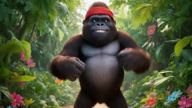 Smiling gorilla in red headband dancing amidst lush tropical jungle foliage