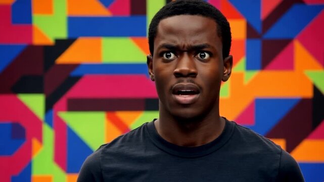 Surprised Black man standing in front of a colorful geometric background