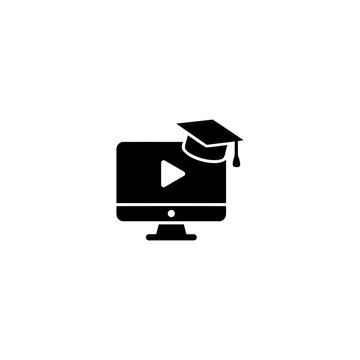 Online Learning Icon. Black monitor with video play button and graduation cap, isolated on transparent background