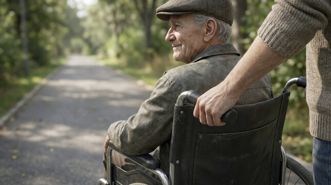 Smiling elderly man rides wheelchair pushed forward by caregiver hand down quiet park lane. Content senior citizen wears flat cap enjoying fresh air during peaceful outdoor stroll.