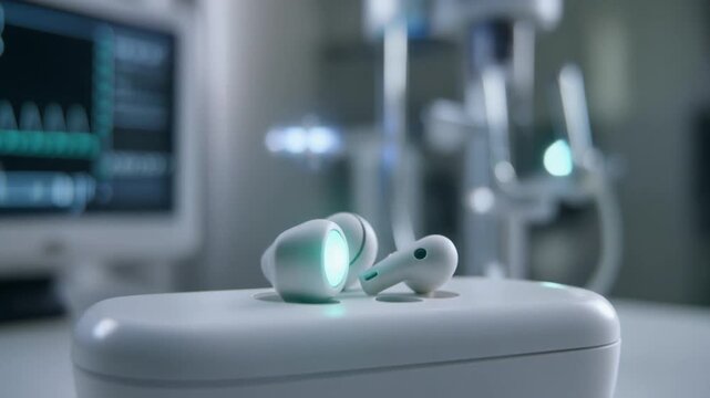 Wireless earbuds sit on a charging case in a futuristic medical hospital ward