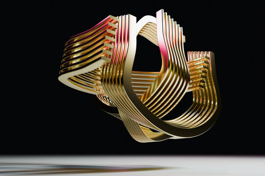 Knotted 3D gold structure floating in darkness