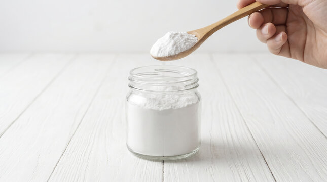 Wooden spoon scoops pure baking soda above open clear glass container with clean high key presentation. White powder ingredient remains elevated above tabletop under bright daylight illumination.