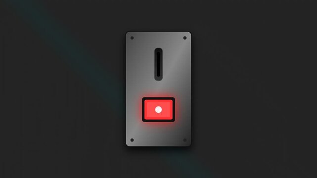 Animation of a metallic arcade machine coin slot with a red glowing light on a dark striped background.