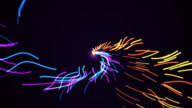 Vibrant glowing neon lines form an intricate abstract vortex pattern animated on a deep black background l